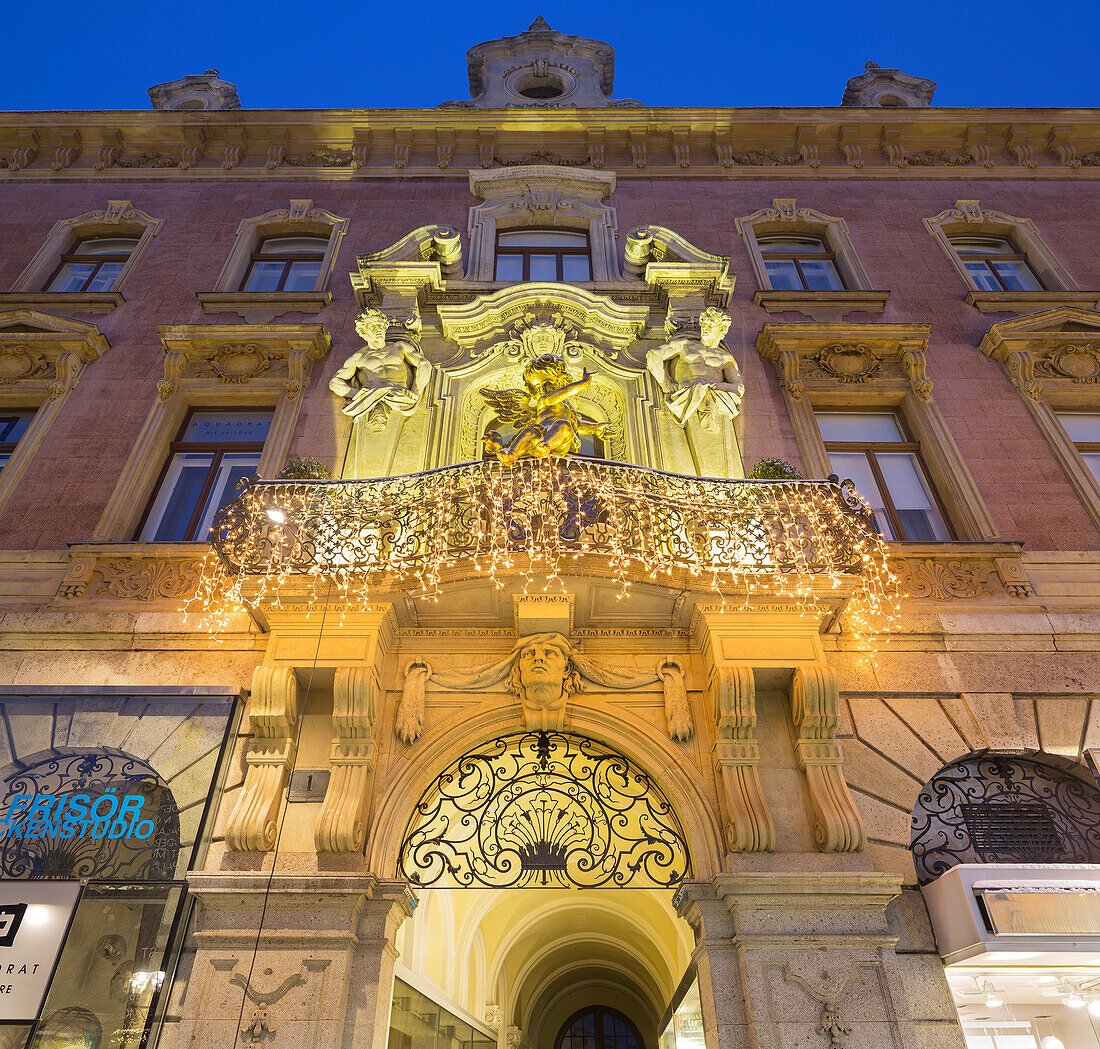 Facade in the inner city of Baden near WIen, Christmas illumination, Lower Austria, Austria