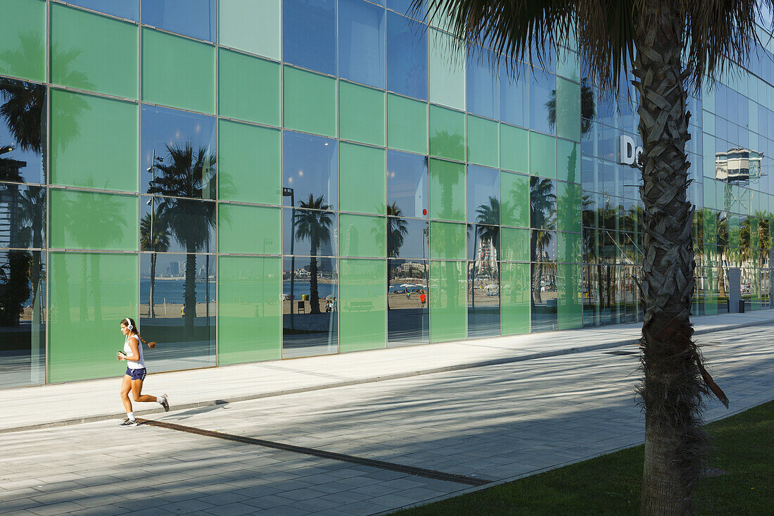 joging woman, seaside promenade near Barcelona W Hotel, reflection, Barceloneta quarter, Barcelona, Barcelona, Catalunya, Catalonia, Spain