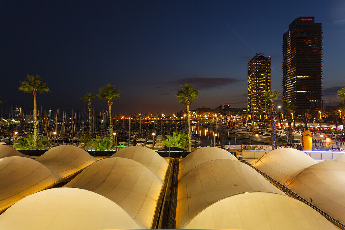 Torre Mapfre and Arts Hotel, Peix, Fish, sculpture by Frank O. Gehry, Port Olimpic, marina, Vila Olimpica, Barcelona, Catalunya, Catalonia, Spain, Europe