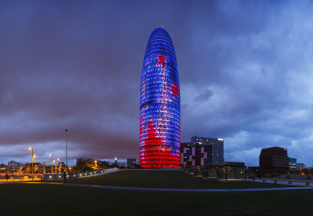 Torre Agbar, architect Jean Nouvel, modern architecture, LED-lightning, landmark, district 22@, Barcelona, Catalunya, Catalonia, Spain, Europa