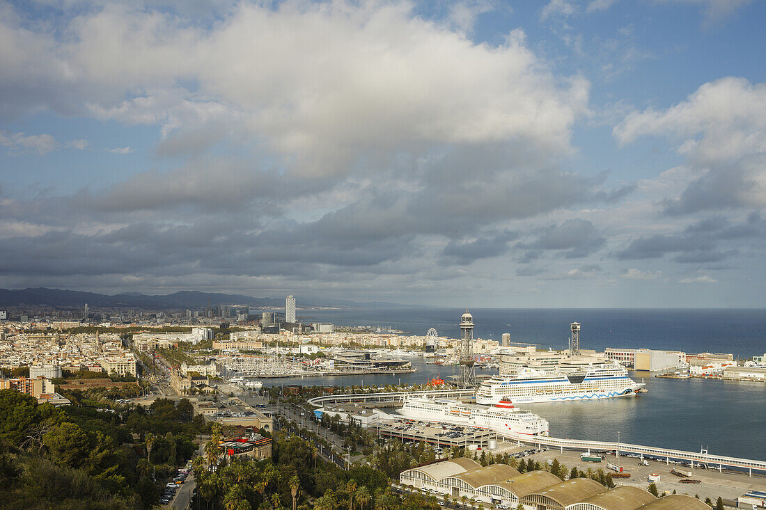 Blick über Barcelona, Port Vell, Hafen mit Kreuzfahrtschiffen, Barcelona, Katalonien, Spanien, Europa