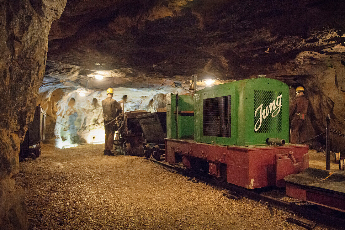 exhibit of a pit train and workers, mining pit Tiefer Stollen, Aalen, Ostalb province, Swabian Alb, Baden-Wuerttemberg, Germany