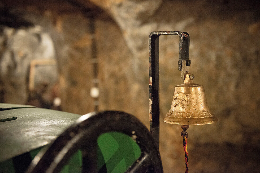 detail of signal bell of a pit train, mining pit Tiefer Stollen, Aalen, Ostalb province, Swabian Alb, Baden-Wuerttemberg, Germany