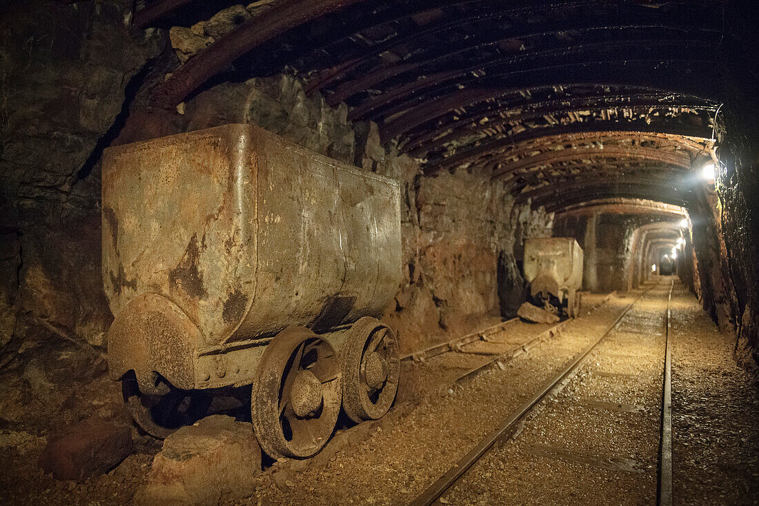 railway tracks and tools in a mining pit, mining pit Tiefer Stollen, Aalen, Ostalb province, Swabian Alb, Baden-Wuerttemberg, Germany