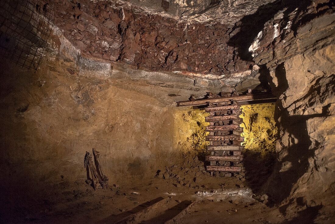 steel framework to prevent mine from collapsing, mining pit Tiefer Stollen, Aalen, Ostalb province, Swabian Alb, Baden-Wuerttemberg, Germany