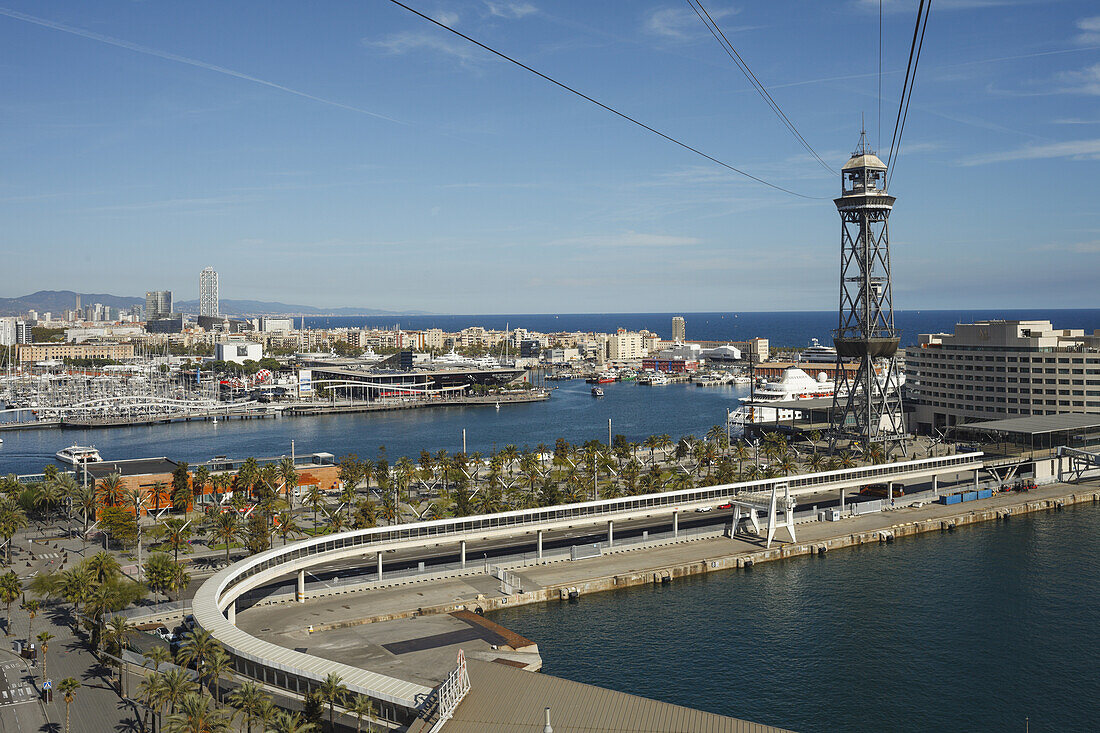 view across the harbour and town, fishing Port, Maremagnum shopping centre, Port Vell, Barcelona, Catalunya, Catalonia, Spain, Europe