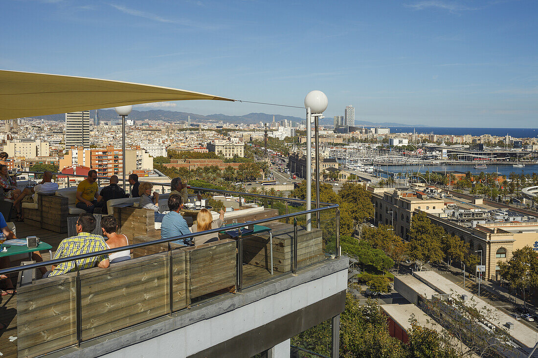 Blick über Barcelona, Terrasse des Restaurante Miramar, Montjuic, Barcelona, Katalonien, Spanien, Europa