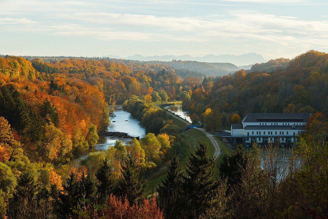 view over the valley of the river Isar to the Bavarian Alps and Zugspitze, Autumn, water power station, Pullach im Isartal, south of Munich, Upper Bavaria, Bavaria, Germany, Europe