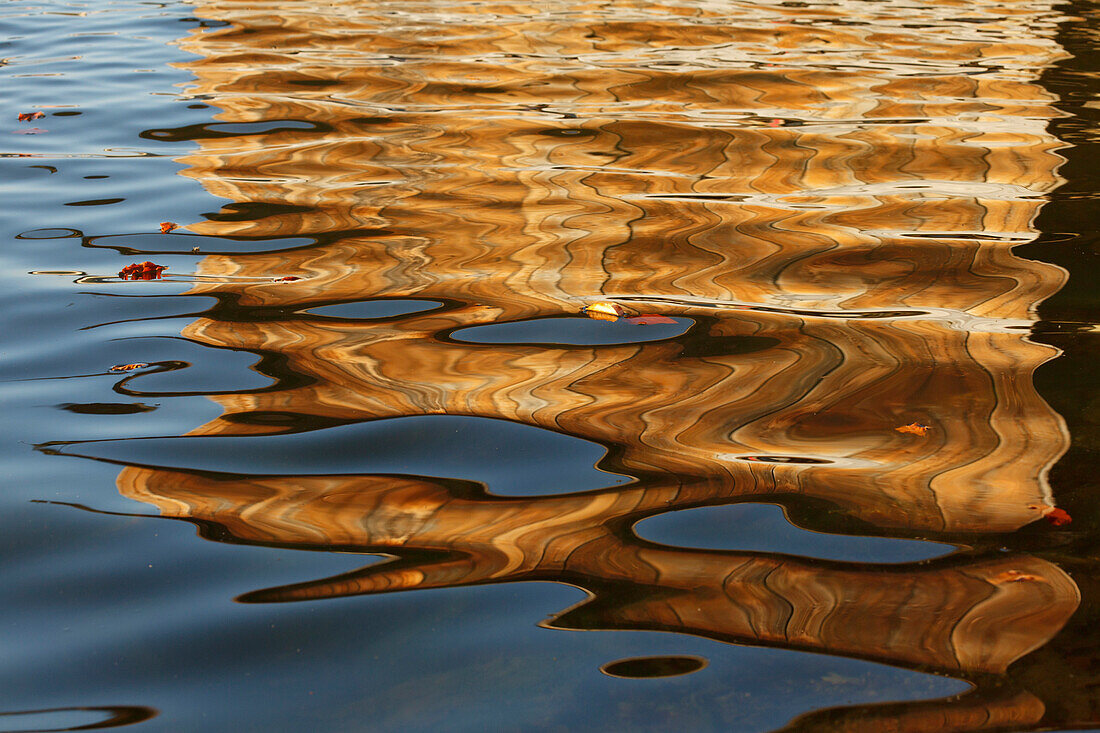 Reflections of boat houses, Wesslinger See, lake, Starnberg five lakes region, district Starnberg, Bavarian alpine foreland, Upper Bavaria, Bavaria, Germany, Europe