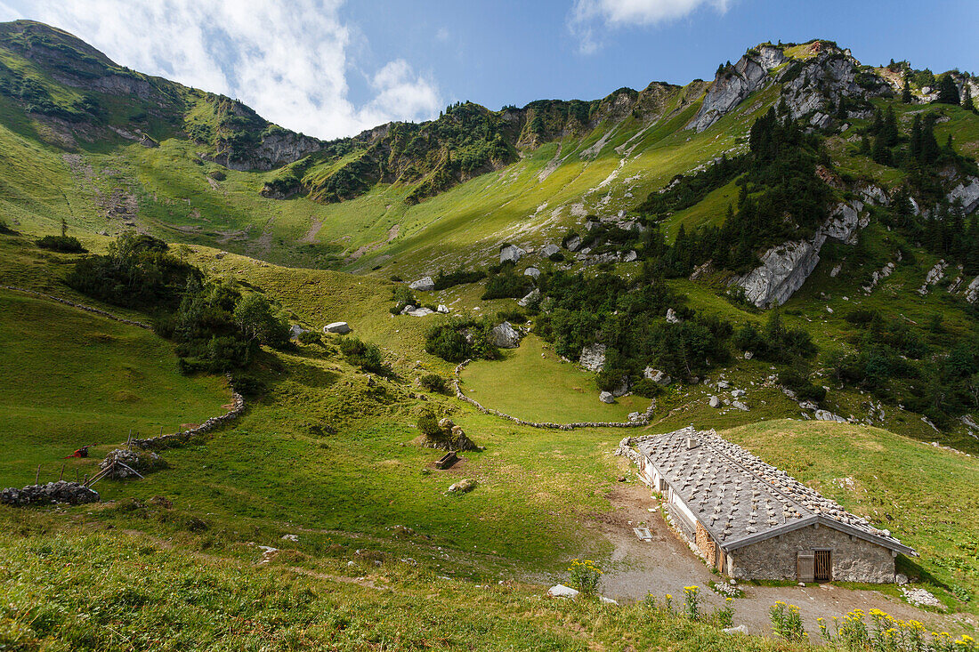 Kleintiefentalalm, Almhütte in den Schlierseer Bergen, oberhalb des Spitzingsees, unterhalb der Rotwand, Berge, Mangfallgebirge,  Bayerische Alpen, Oberbayern, Bayern, Deutschland, Europa