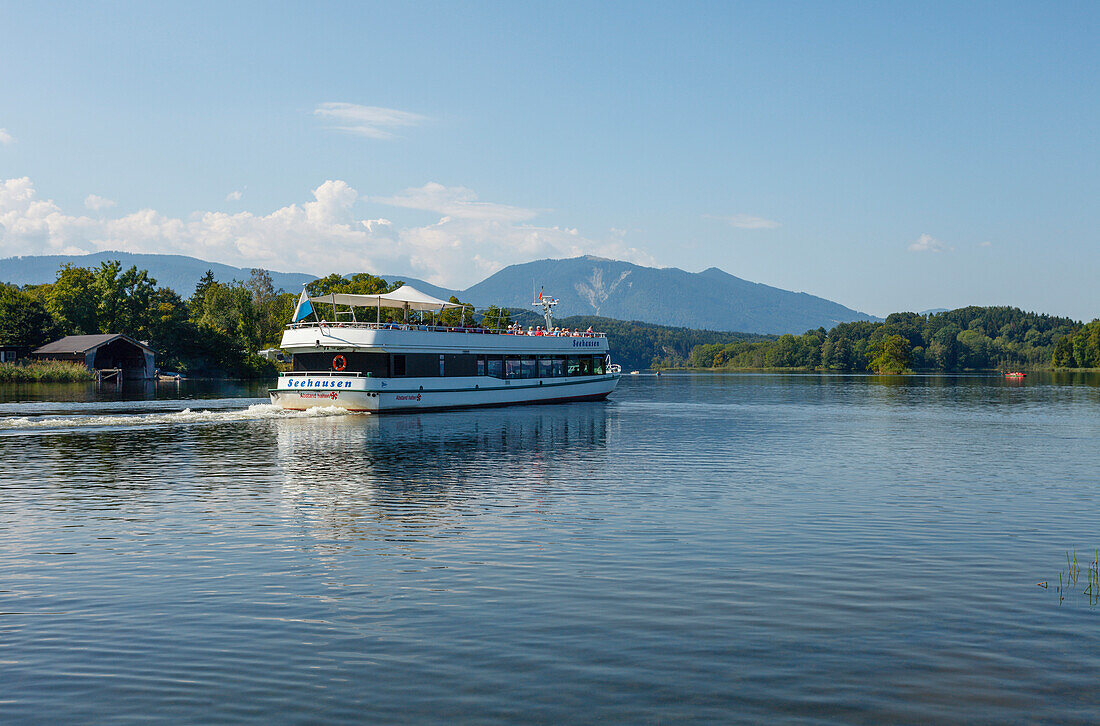 Boat on lake Staffelsee, Woerth island, Seehausen am Staffelsee, near Murnau, Blue Land, district Garmisch-Partenkirchen, Bavarian alpine foreland, Upper Bavaria, Bavaria, Germany, Europe