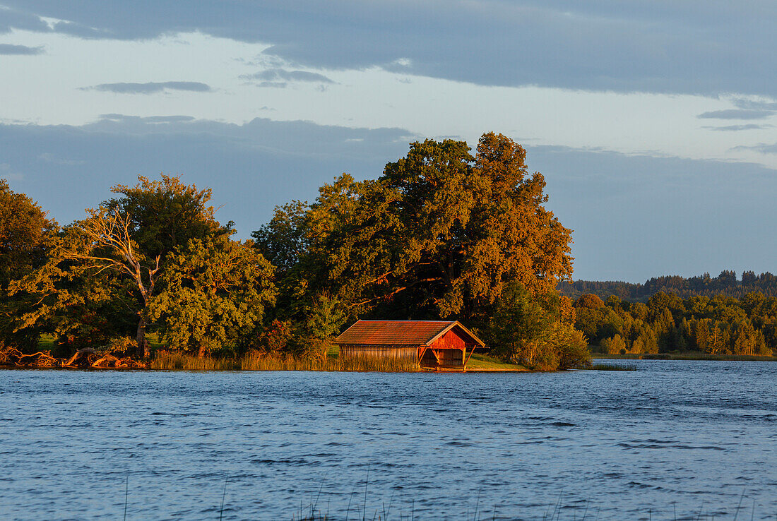 Staffelsee, boat house on Woerth island at sunrise, Seehausen am Staffelssee, near Murnau, Blue Land, district Garmisch-Partenkirchen, Bavarian alpine foreland, Upper Bavaria, Bavaria, Germany, Europe