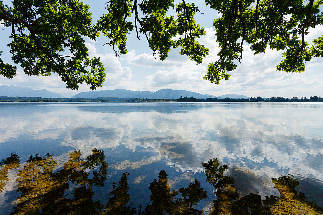 Lake Staffelsee with view of the mountains, near Uffing, Blue Land, district Garmisch-Partenkirchen, Bavarian alpine foreland, Upper Bavaria, Bavaria, Germany, Europe