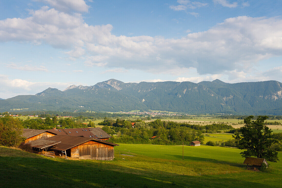 Murnauer Moos and Bavarian Alps, moorland and barns, Nature Reserve near Murnau, Blue Land, district Garmisch-Partenkirchen, Bavarian alpine foreland, Upper Bavaria, Bavaria, Germany, Europe
