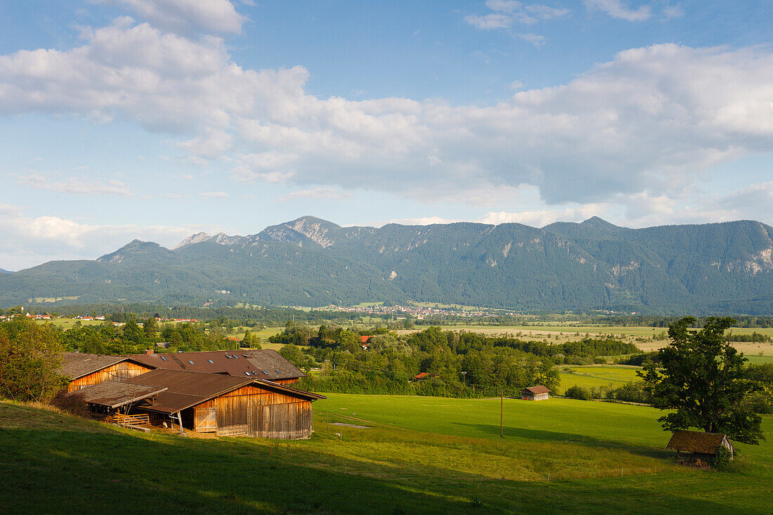 Murnauer Moos mit Alpenkette, Scheunen, Moorgebiet, Naturschutzgebiet bei Murnau, Blaues Land, Landkreis Garmisch-Partenkirchen, Bayerisches Voralpenland, Oberbayern, Bayern, Deutschland, Europa