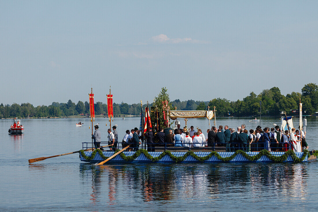 lake prozession on lake Staffelsee, Corpus Christi festival in June, religious tradition, boats crossing to Woerth island, Seehausen am Staffelssee, near Murnau, Blue Land, district Garmisch-Partenkirchen, Bavarian alpine foreland, Upper Bavaria, Bavaria,