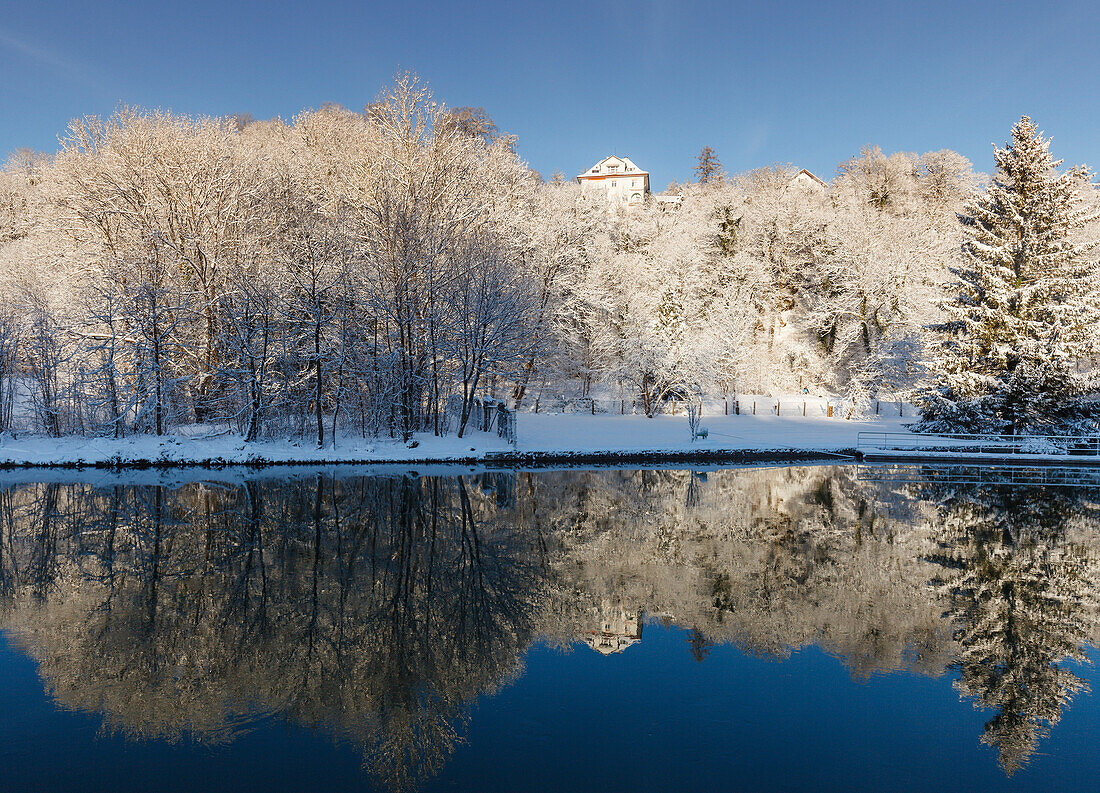 Art Noveau villa along the high bank of the Isar river valley, winter, Pullach im Isartal, south of Munich, Upper Bavaria, Bavaria, Germany, Europe