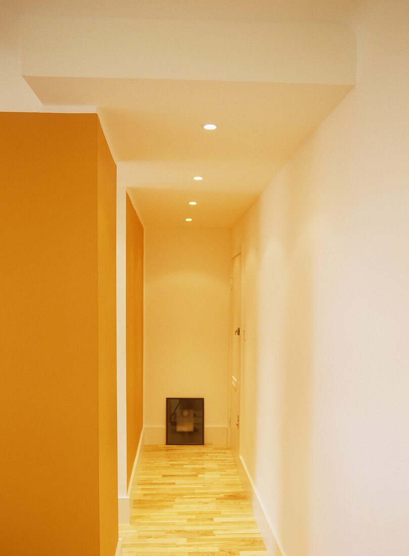 A detail of a modern hallway, painted orange wall, wooden floor,