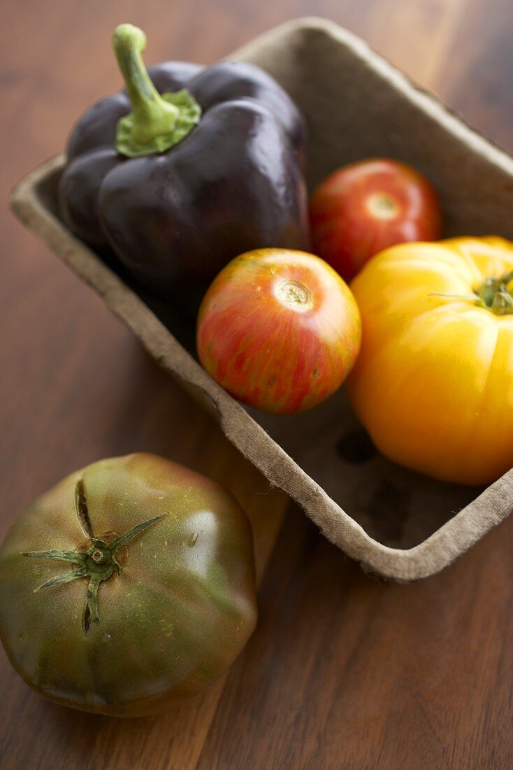 Violette Paprikaschote und Heirloom Tomaten