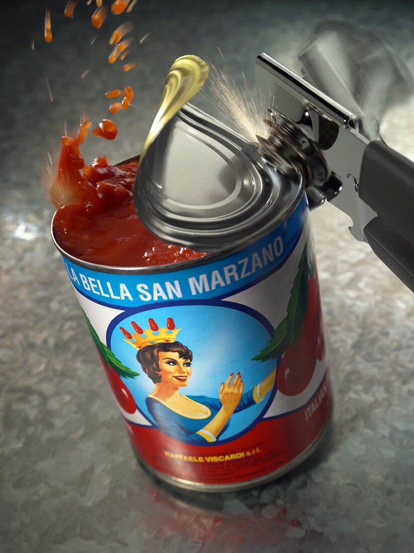 Opening Can of Tomatoes with Can Opener, Tomatoes Splashing