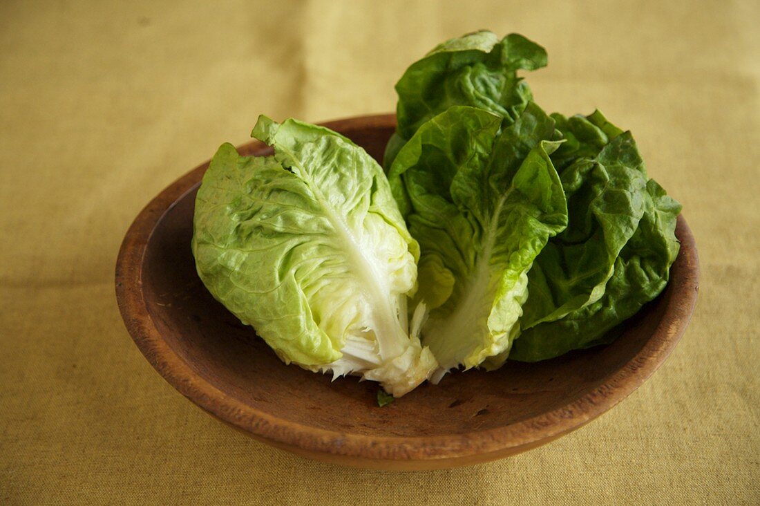 Salatherzen vom Eisbergsalat und Kopfsalat in Holzschale