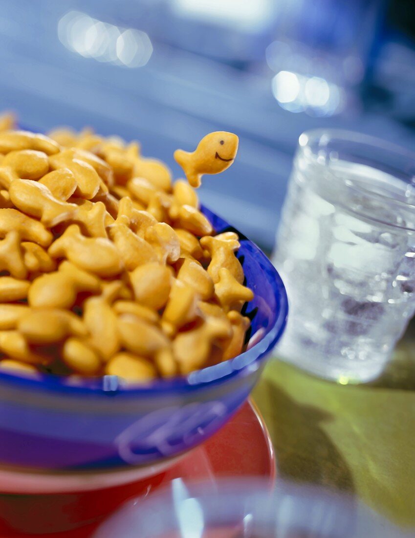 Bowl of Goldfish Crackers, One Jumping
