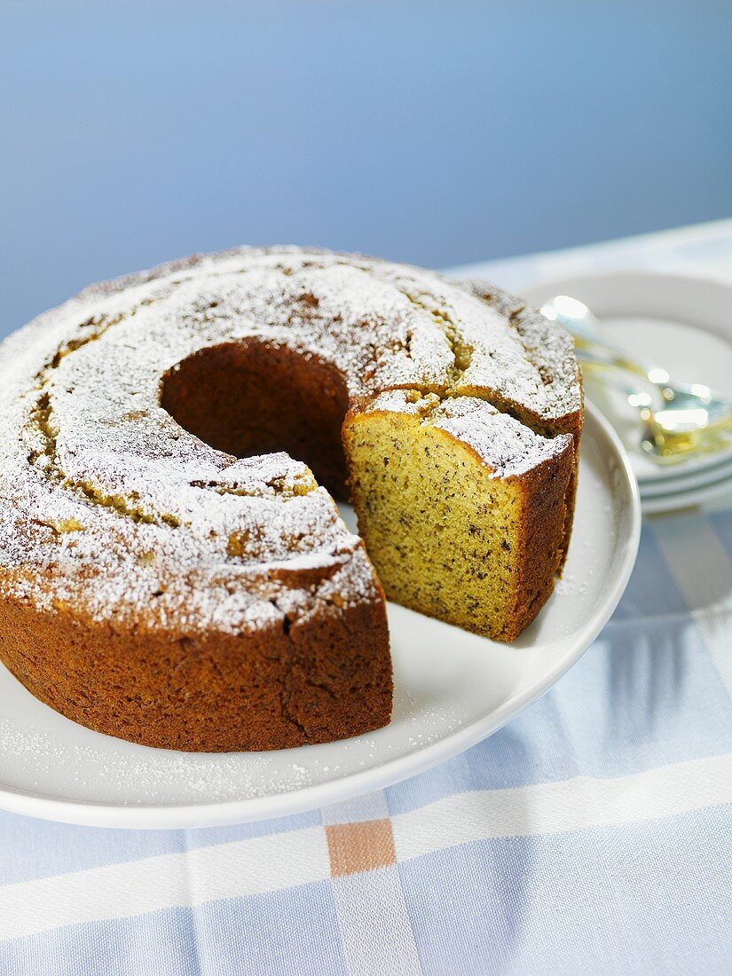 Banana Bundt Cake with Slice Removed on a Plate