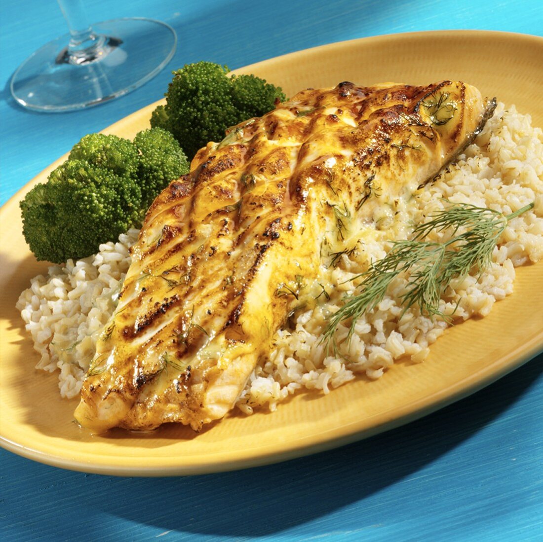 Grilled Salmon Fillet with Mustard Dill Sauce Over Brown Rice