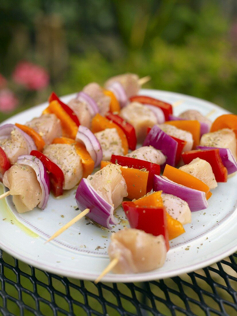 Raw Chicken and Vegetable Kabobs Ready for the Grill