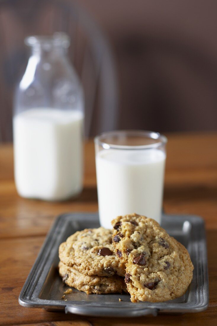 Chocolate Chip Cookies and a Glass of Milk on a Dish, Bottle of Milk
