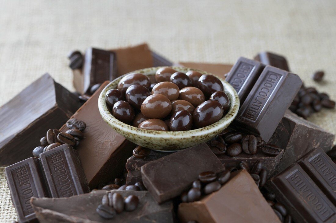 Bowl of Chocolate Covered Espresso Beans Surrounded by Ingredients