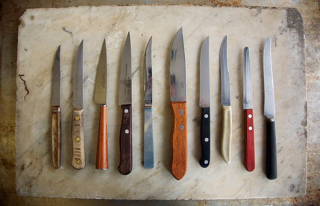 Various Steak Knives Lined Up in a Row, From Above