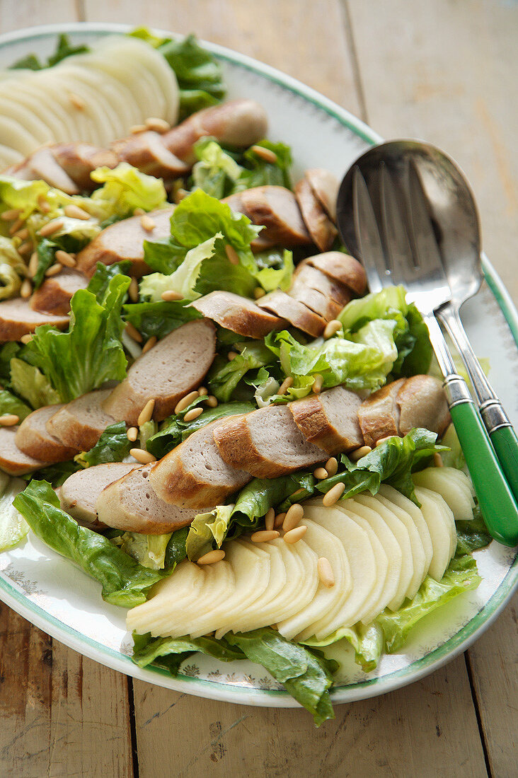 Boudin Blanc and Pear Salad on a Platter, Serving Spoon