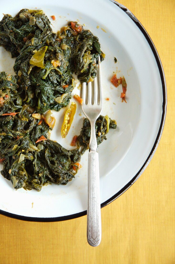 Parsi-style Braised Greens on a Plate with a Fork, Indian