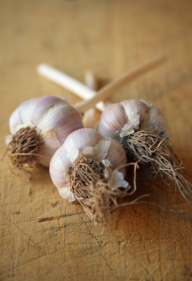 Three Whole Garlic Bulbs, Close Up