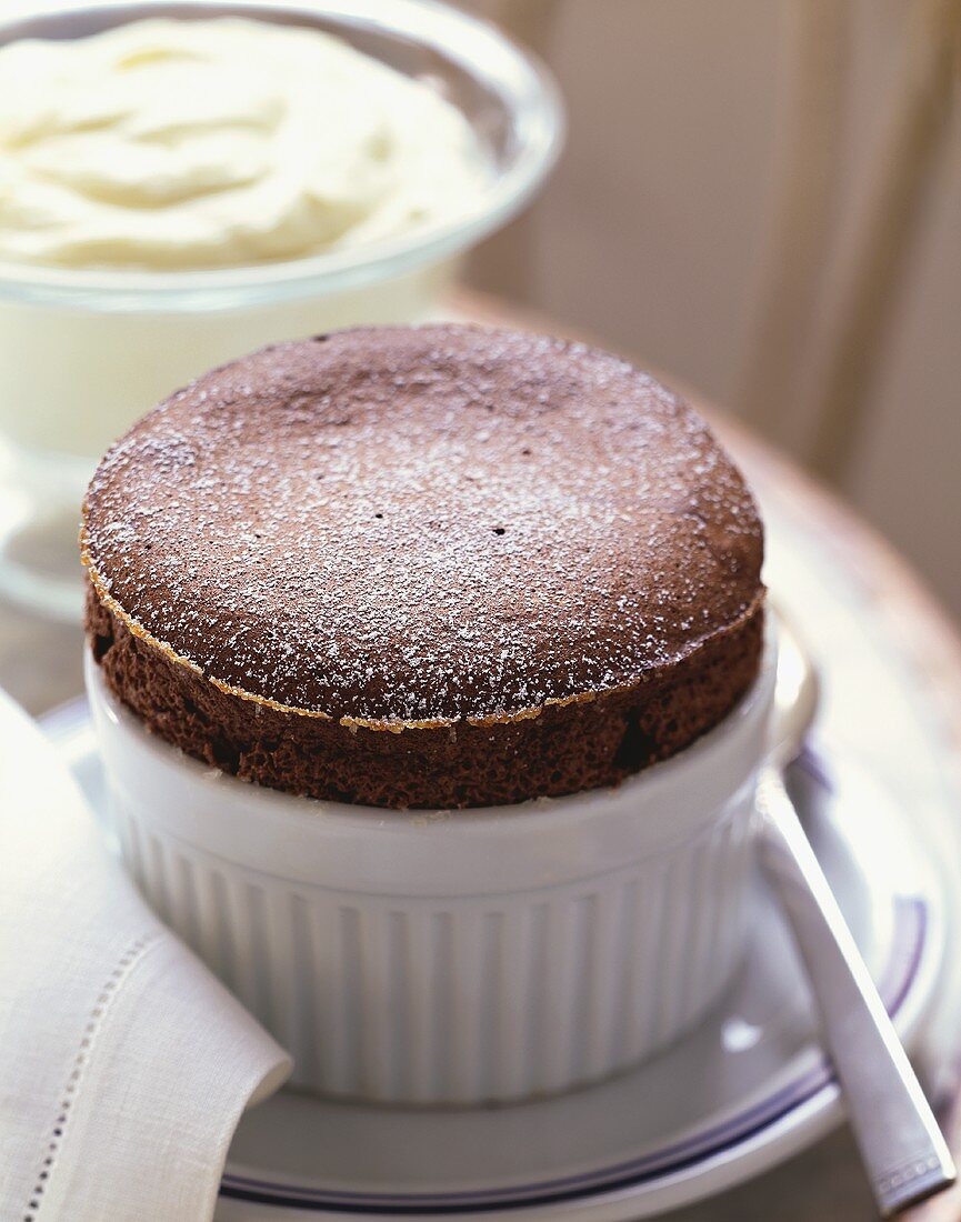 Chocolate Souffle in a Ramekin, Bowl of Whipped Cream