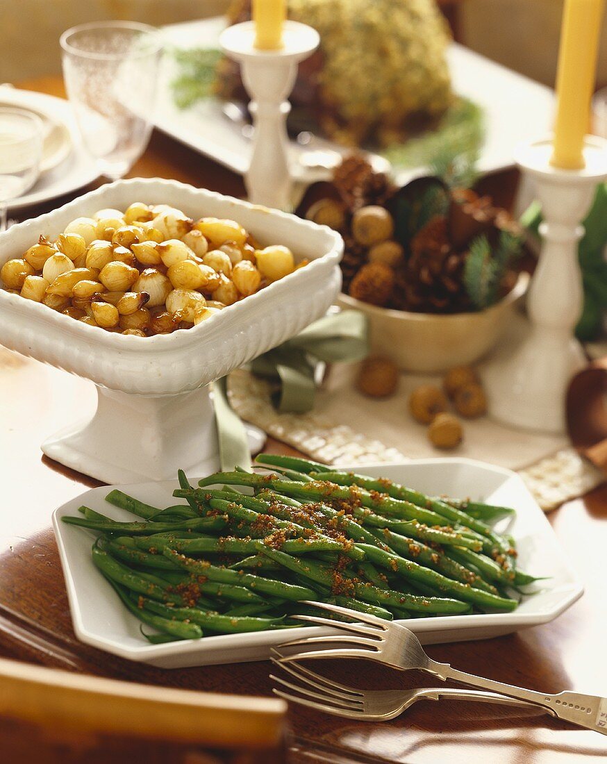 Two Side Dishes, Glazed Pearl Onions and Green Beans with Roasted Shallots