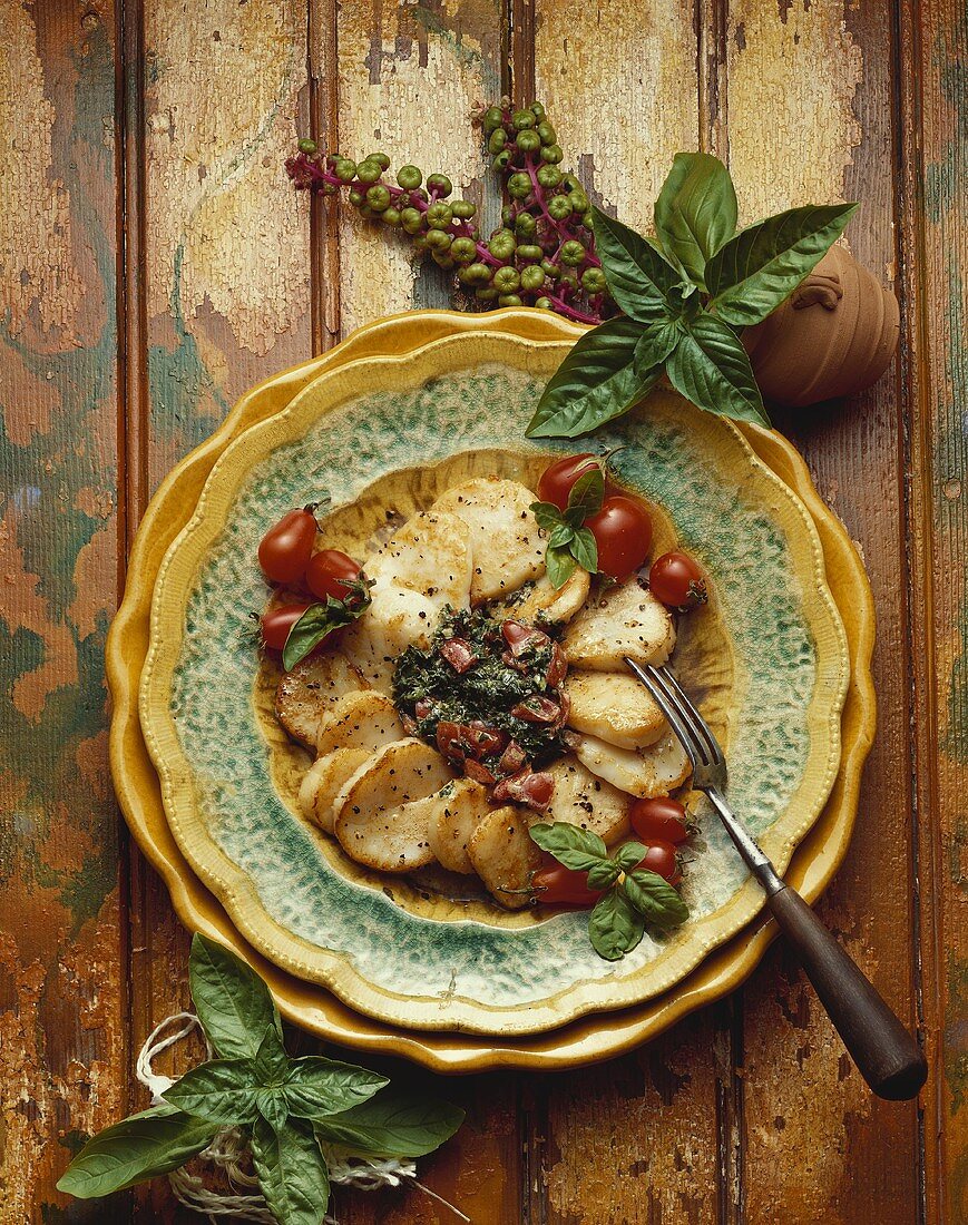 Plate of Sliced Scallops with Tomatoes and Basil, Overhead