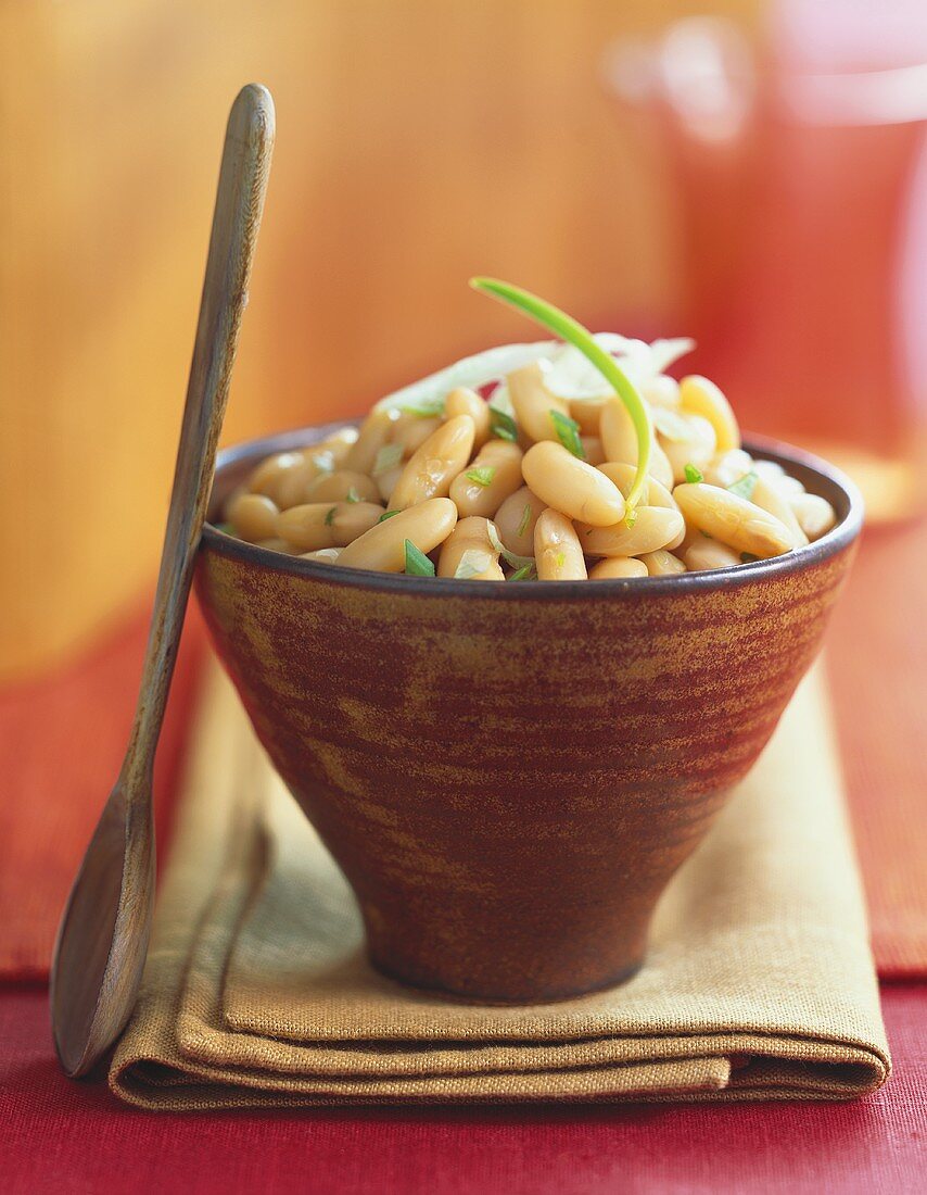 Bowl of White Beans with Scallion, Wooden Spoon