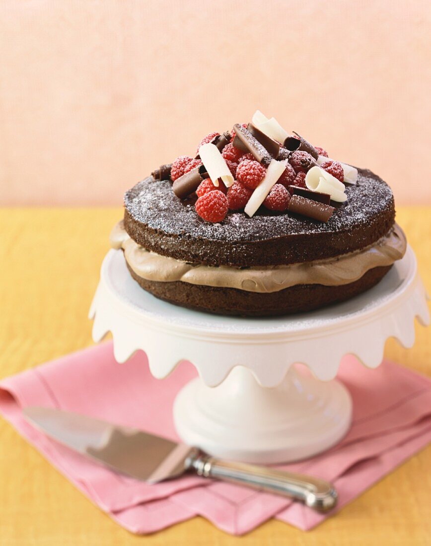 Chocolate Cake with Chocolate Mousse Filling, Raspberries and Chocolate Curls