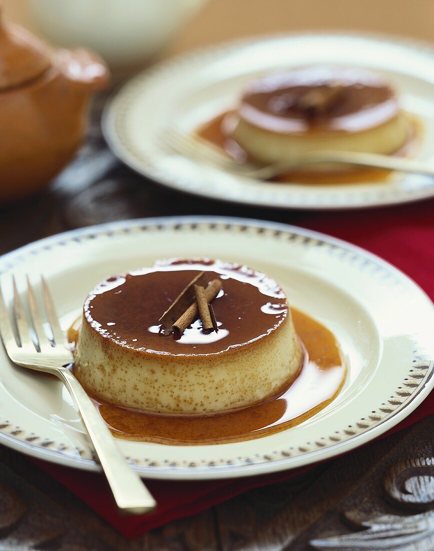 Cinnamon Flan on a Plate with a Fork