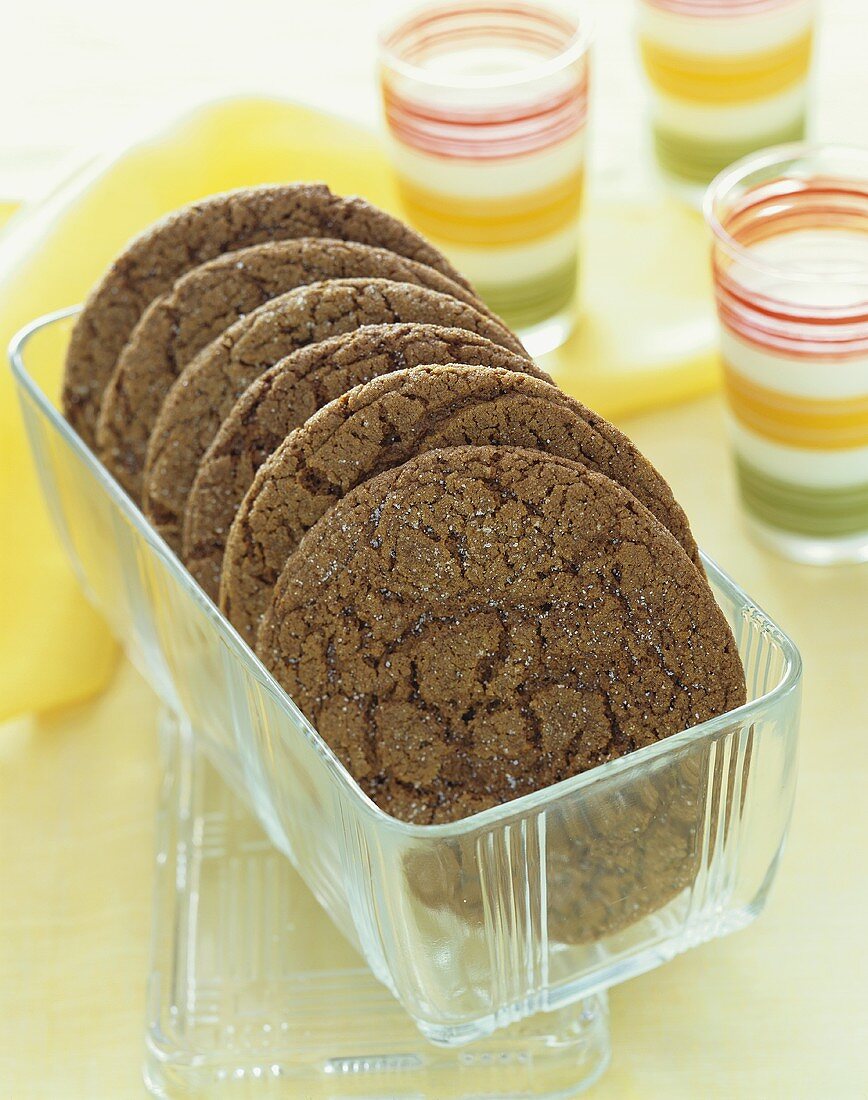 Ginger Cookies in a Glass Rectangular Dish, Glasses of Milk