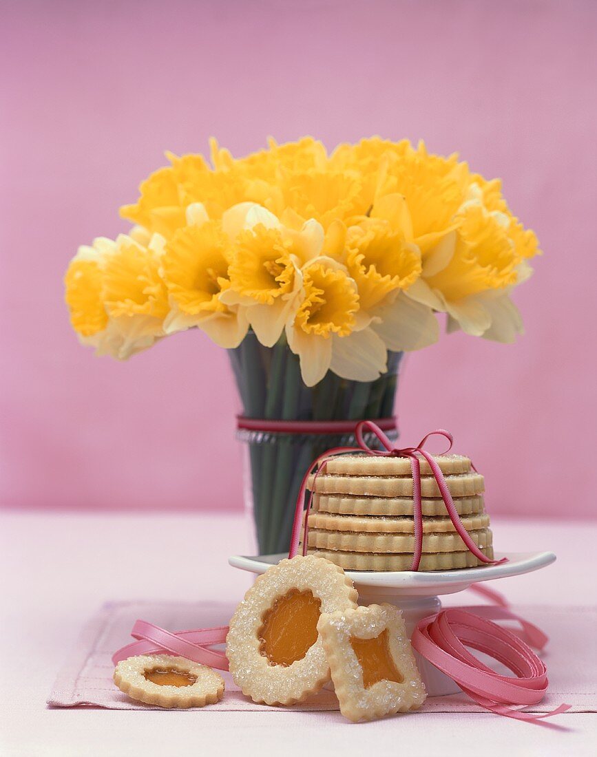 Stained Glass Sugar Cookies, Stack Tied with Ribbon, Vase of Daffodils