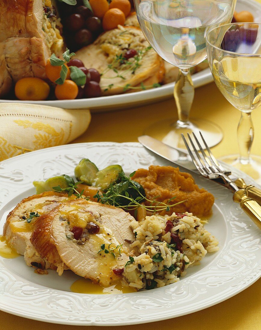 Stuffed Turkey Dinner on a White Plate, Place Setting