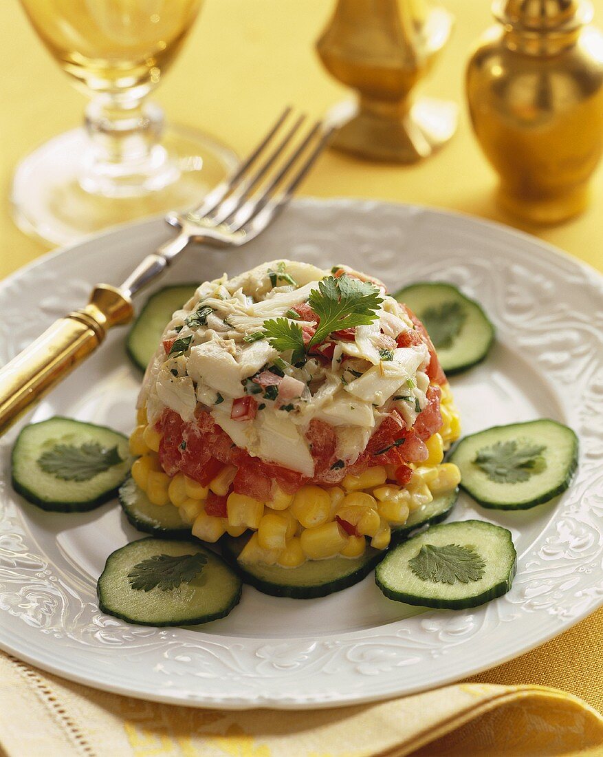 Corn and Tomato Tian on a White Plate
