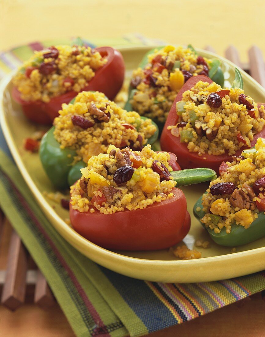 Bulgur Pilaf Stuffed Bell Peppers with Dried Fruit on a Platter
