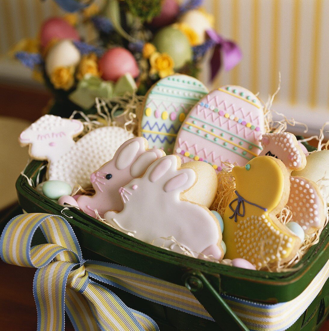 Assorted Decorated Easter Cookies in a Basket