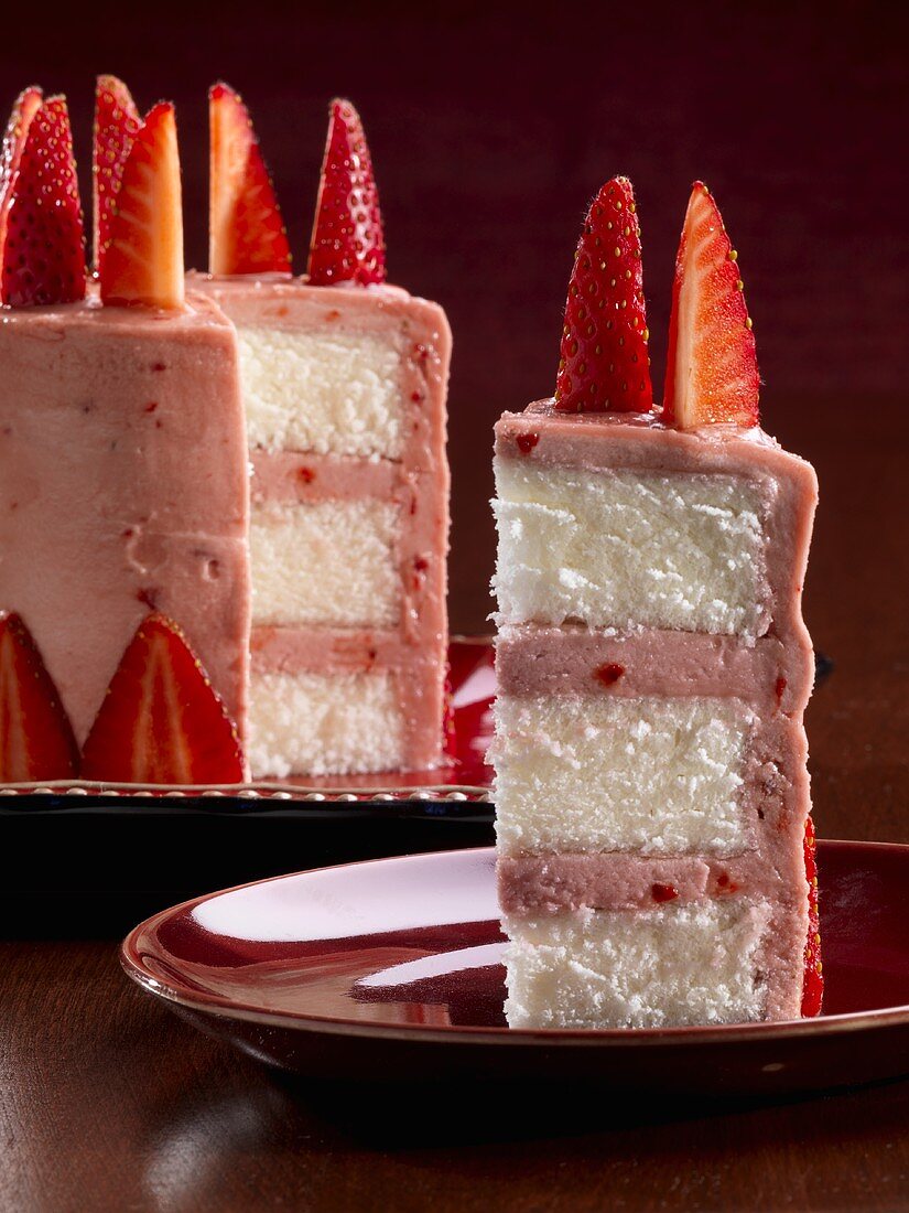 Slice of Strawberry Cake with Strawberry Buttercream Frosting; Cake