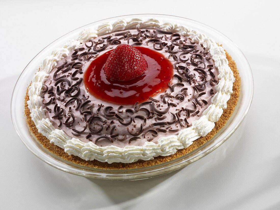 Strawberry Cream Pie Topped with Chocolate Curls; White Background