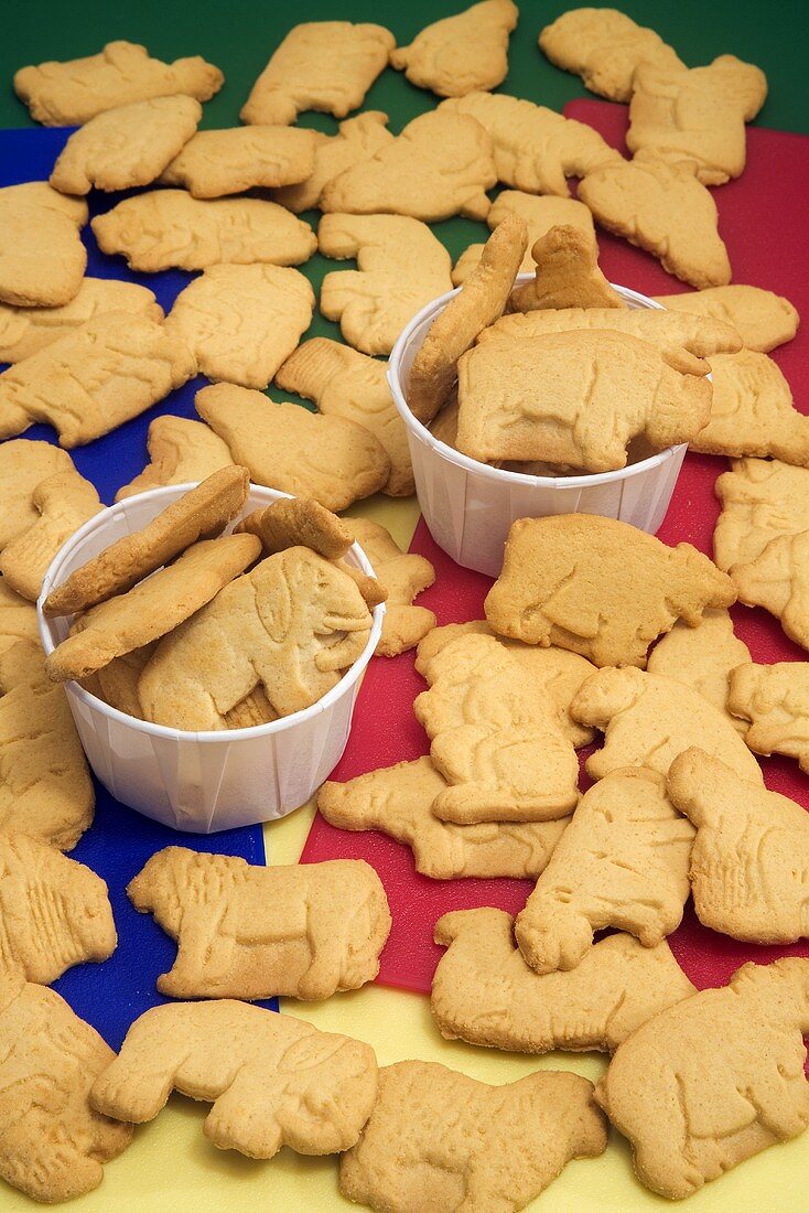 Animal Crackers In and Beside Small Paper Cups